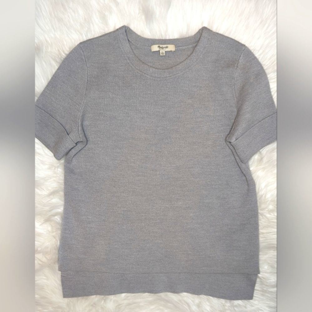 EUC Madewell grey 50% wool 50% acrylic knit short folded sleeve crewneck hi-low
